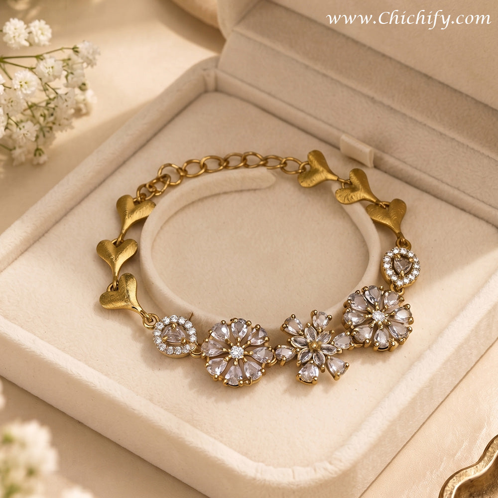 Golden Floral Bloom American Diamond Bracelet