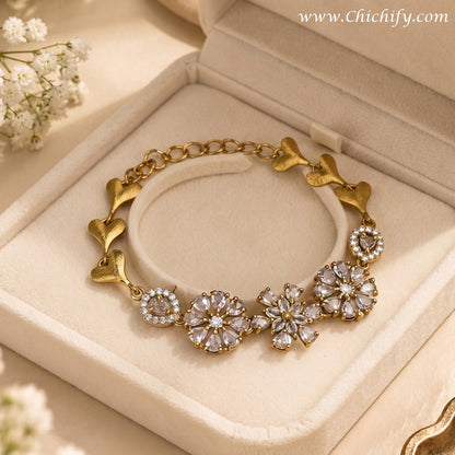 Golden Floral Bloom American Diamond Bracelet