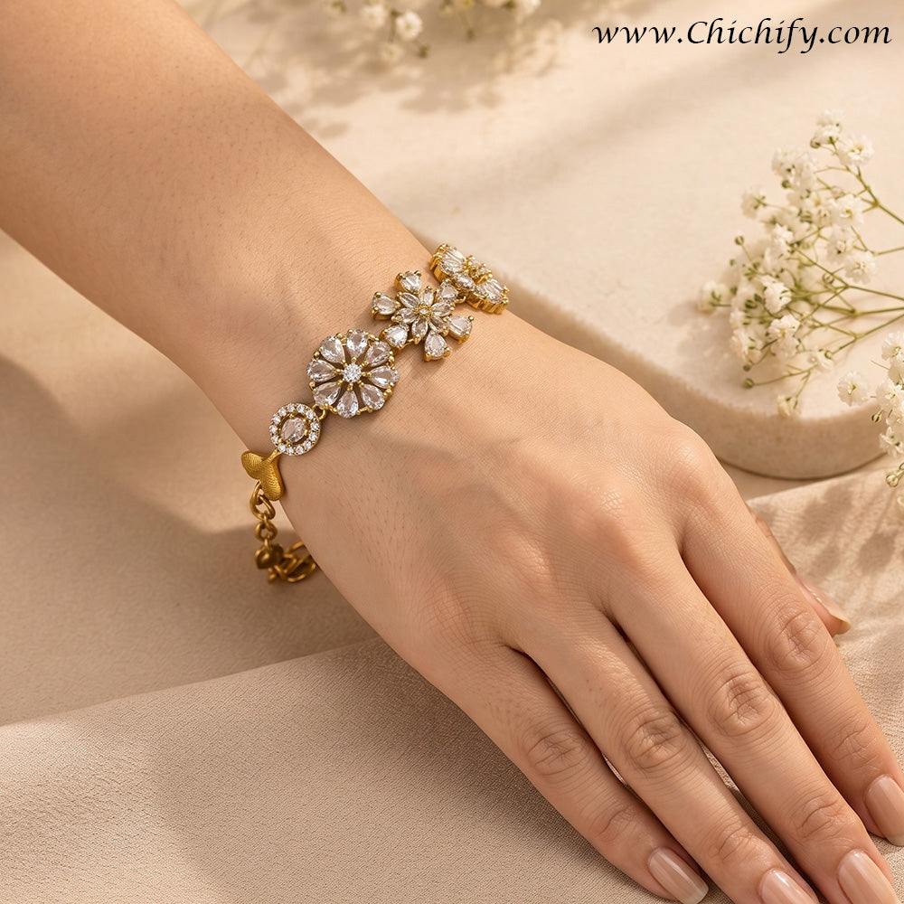 Golden Floral Bloom American Diamond Bracelet