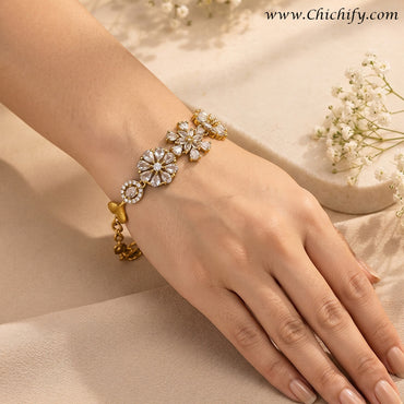 Golden Floral Bloom American Diamond Bracelet