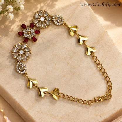 Ruby Red Floral Bloom American Diamond Bracelet