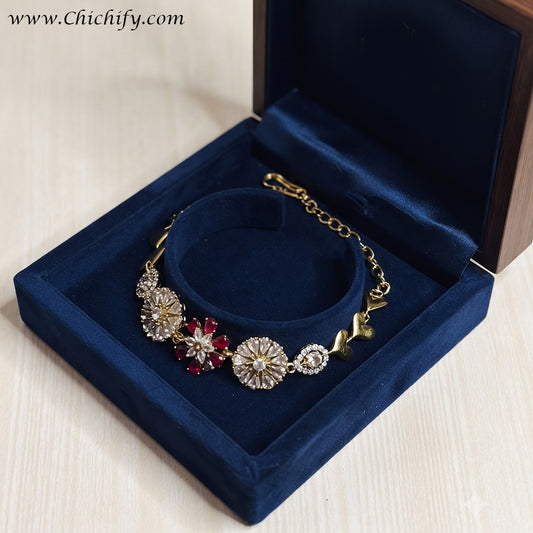 Ruby Red Floral Bloom American Diamond Bracelet