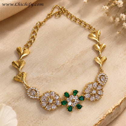 Emerald Green Floral Bloom American Diamond Bracelet