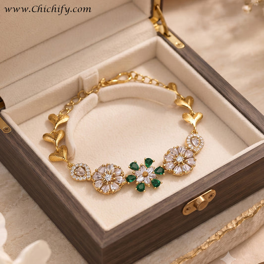 Emerald Green Floral Bloom American Diamond Bracelet