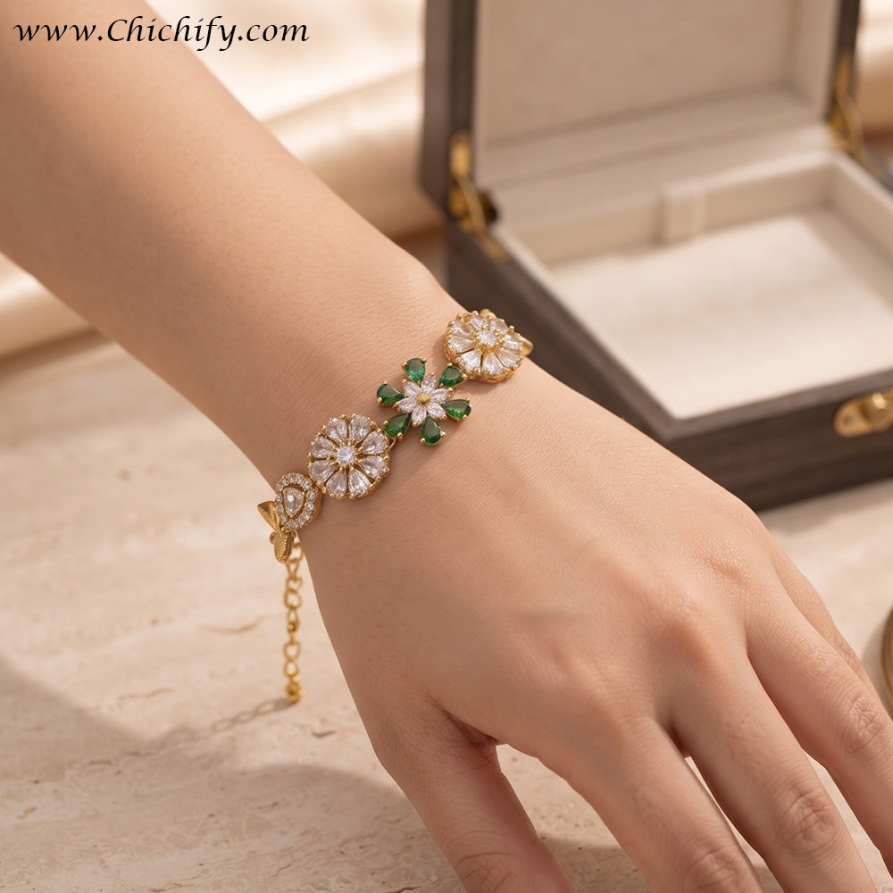 Emerald Green Floral Bloom American Diamond Bracelet