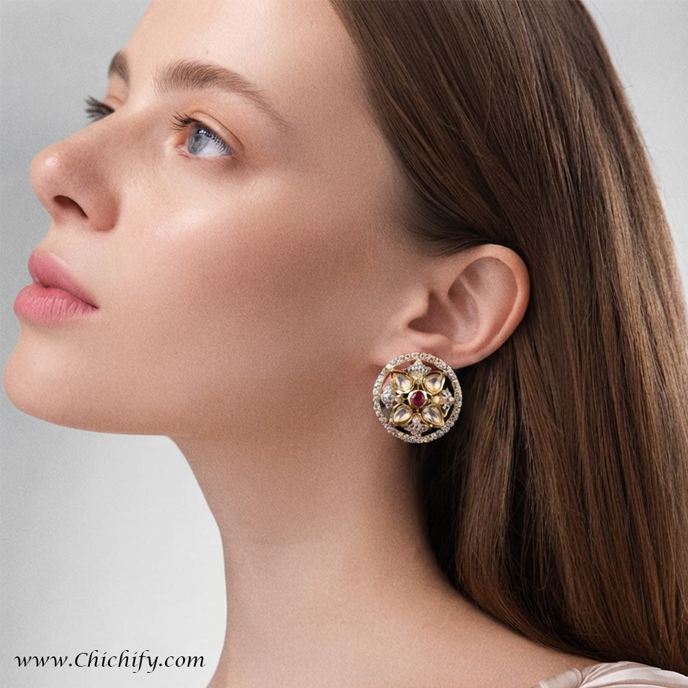 Rajwadha Ruby Kundan Floral Stud Earrings