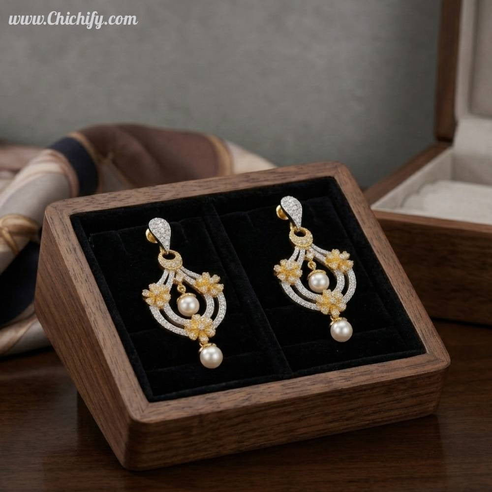 Golden Drop Pearl American Diamond Earring