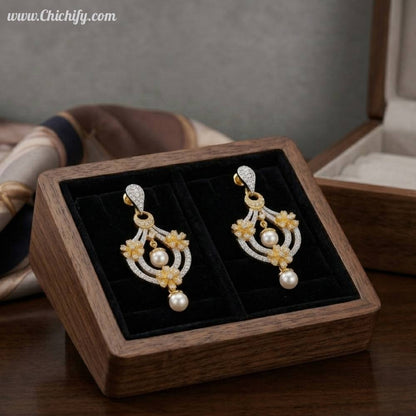 Golden Drop Pearl American Diamond Earring