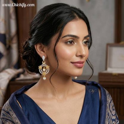 Golden Drop Pearl American Diamond Earring