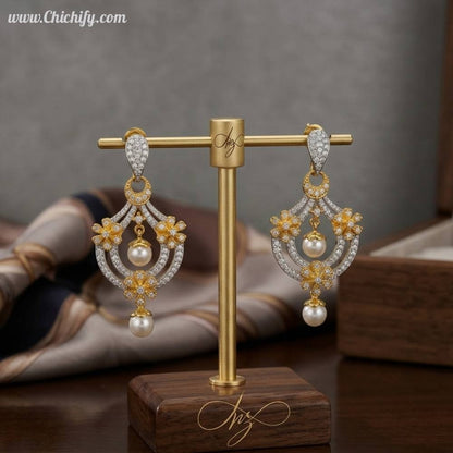 Golden Drop Pearl American Diamond Earring