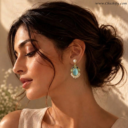 Mint Pearl Luxe Kundan Drop Earrings