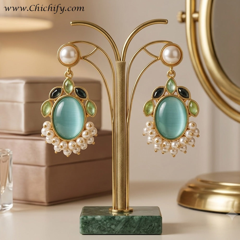 Mint Pearl Luxe Kundan Drop Earrings