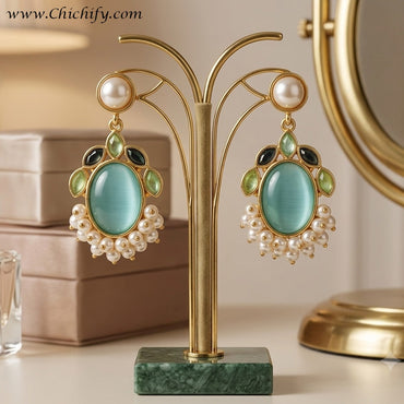 Mint Pearl Luxe Kundan Drop Earrings