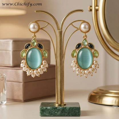 Mint Pearl Luxe Kundan Drop Earrings