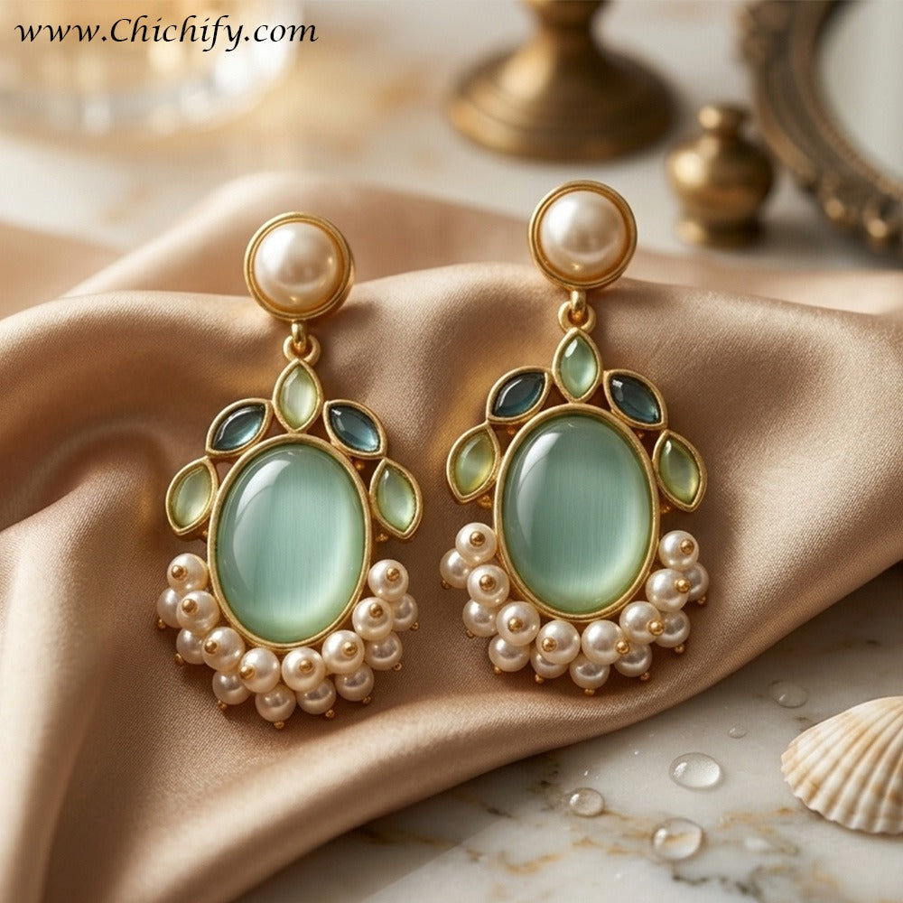 Mint Pearl Luxe Kundan Drop Earrings