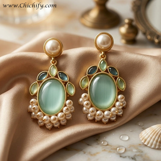 Mint Pearl Luxe Kundan Drop Earrings