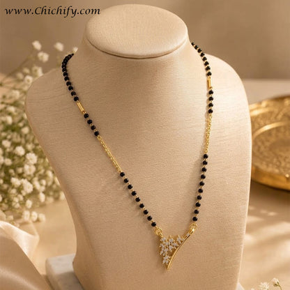 Elegant Floral AD Mangalsutra with Black Beads
