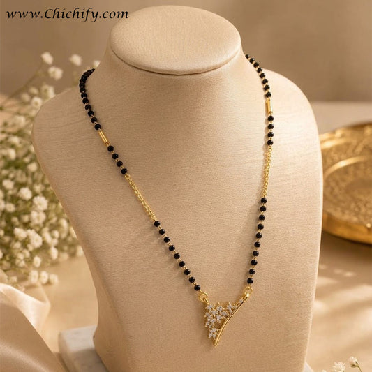 Elegant Floral AD Mangalsutra with Black Beads