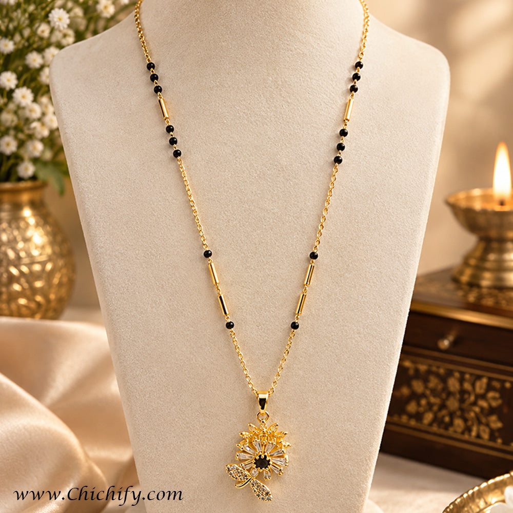 Elegant Floral Black Bead Mangalsutra
