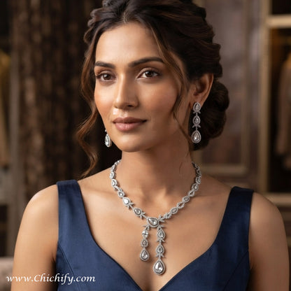 Elegant Teardrop American Diamond Necklace Set with Matching Drop Earrings