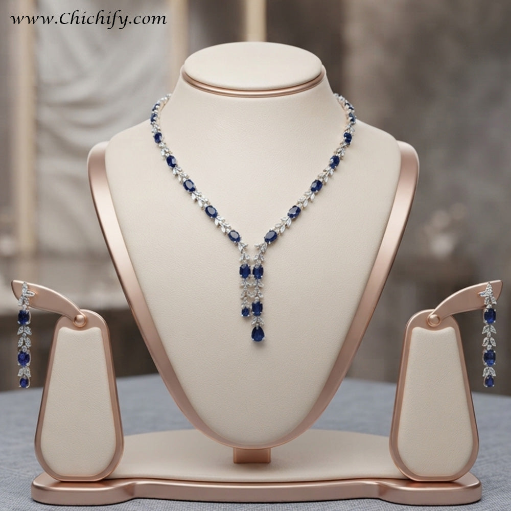 Royal Blue Sapphire-Inspired American Diamond Necklace Set