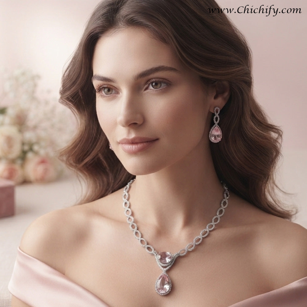 Rose Gold Pink Teardrop American Diamond Necklace Set