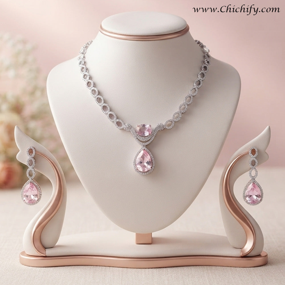 Rose Gold Pink Teardrop American Diamond Necklace Set