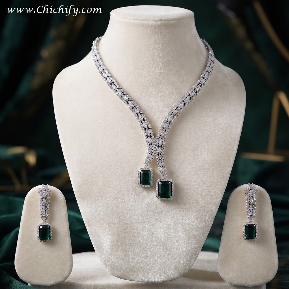 Emerald Green AD Leaf Cascade Necklace & Earring Set