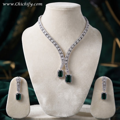 Emerald Green AD Leaf Cascade Necklace & Earring Set