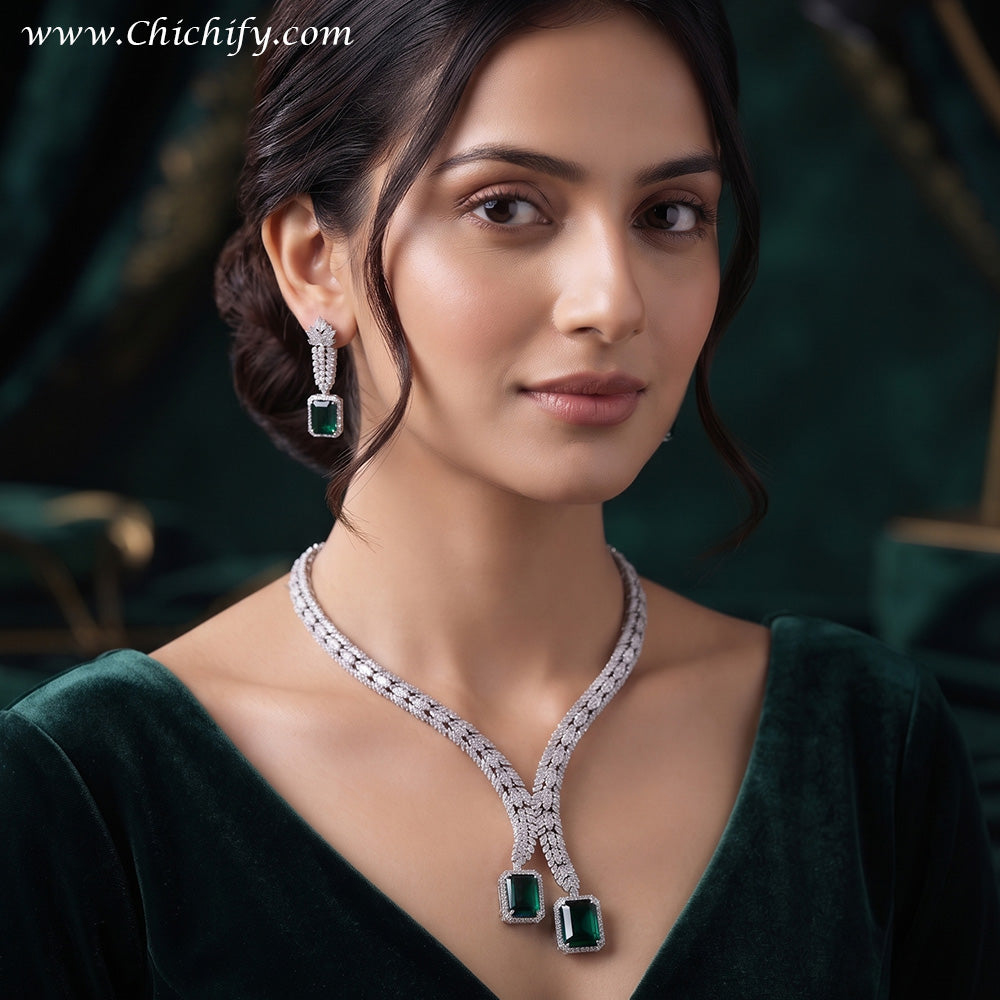Emerald Green AD Leaf Cascade Necklace & Earring Set