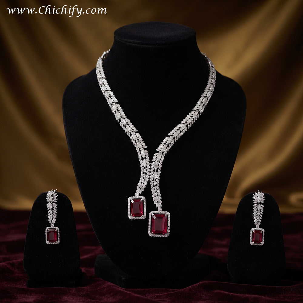 Ruby Red American Diamond Leaf Necklace Set