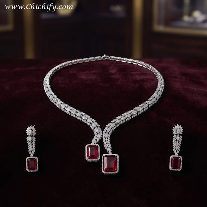 Ruby Red American Diamond Leaf Necklace Set