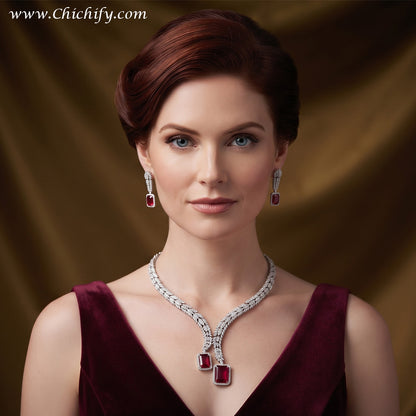 Ruby Red American Diamond Leaf Necklace Set