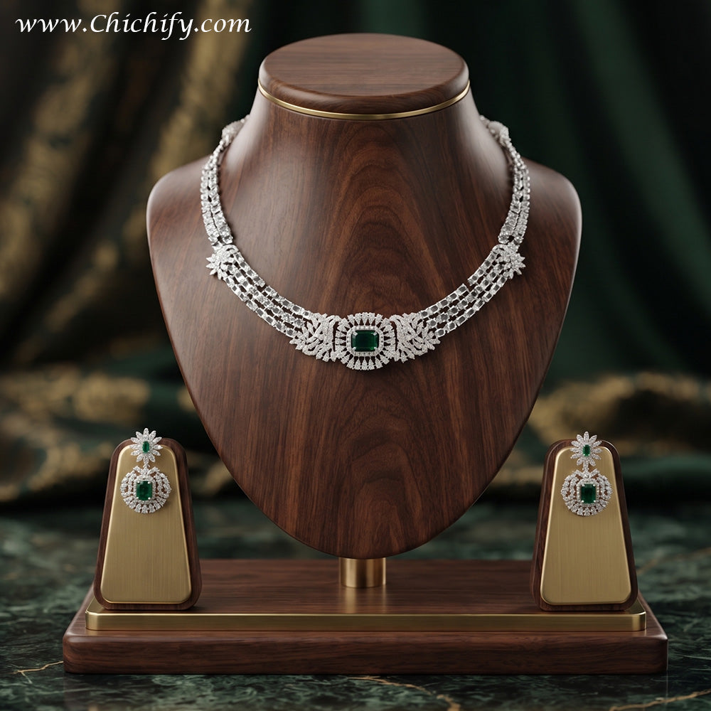 Emerald Green American Diamond Leaf Necklace Set