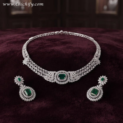 Emerald Green American Diamond Leaf Necklace Set
