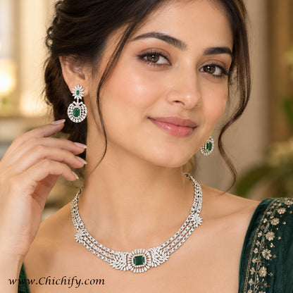 Emerald Green American Diamond Leaf Necklace Set