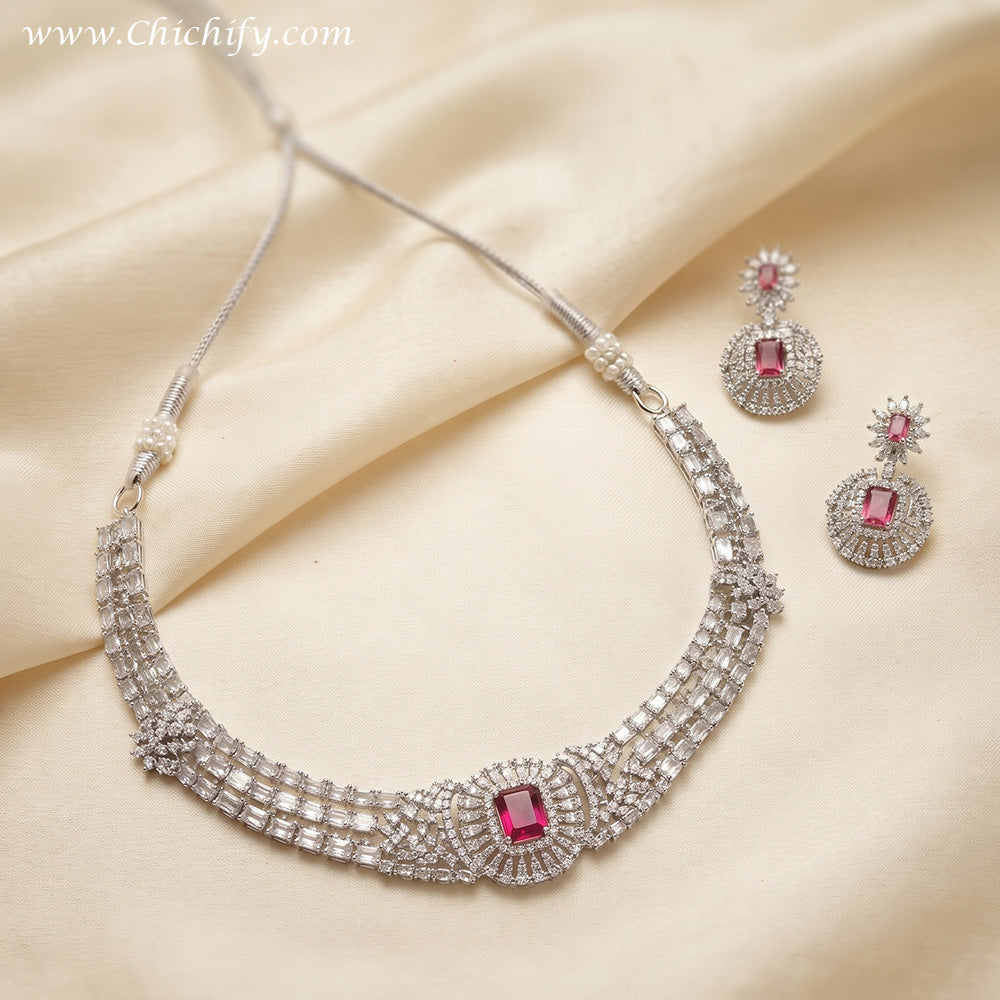 Ruby Pink American Diamond Luxe Necklace Set