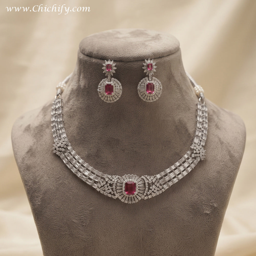 Ruby Pink American Diamond Luxe Necklace Set