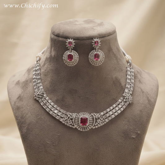 Ruby Pink American Diamond Luxe Necklace Set