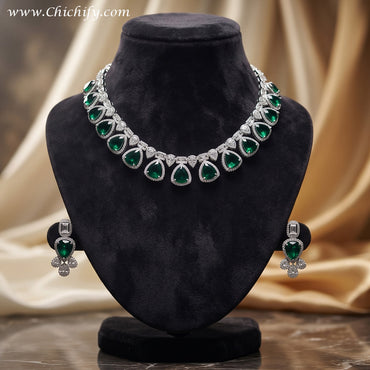 Emerald Green American Diamond Teardrop Necklace Set