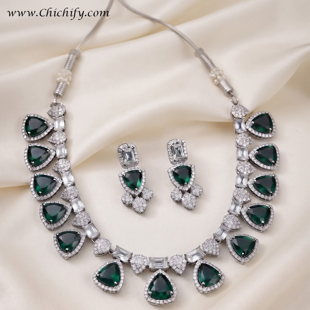 Emerald Green American Diamond Teardrop Necklace Set