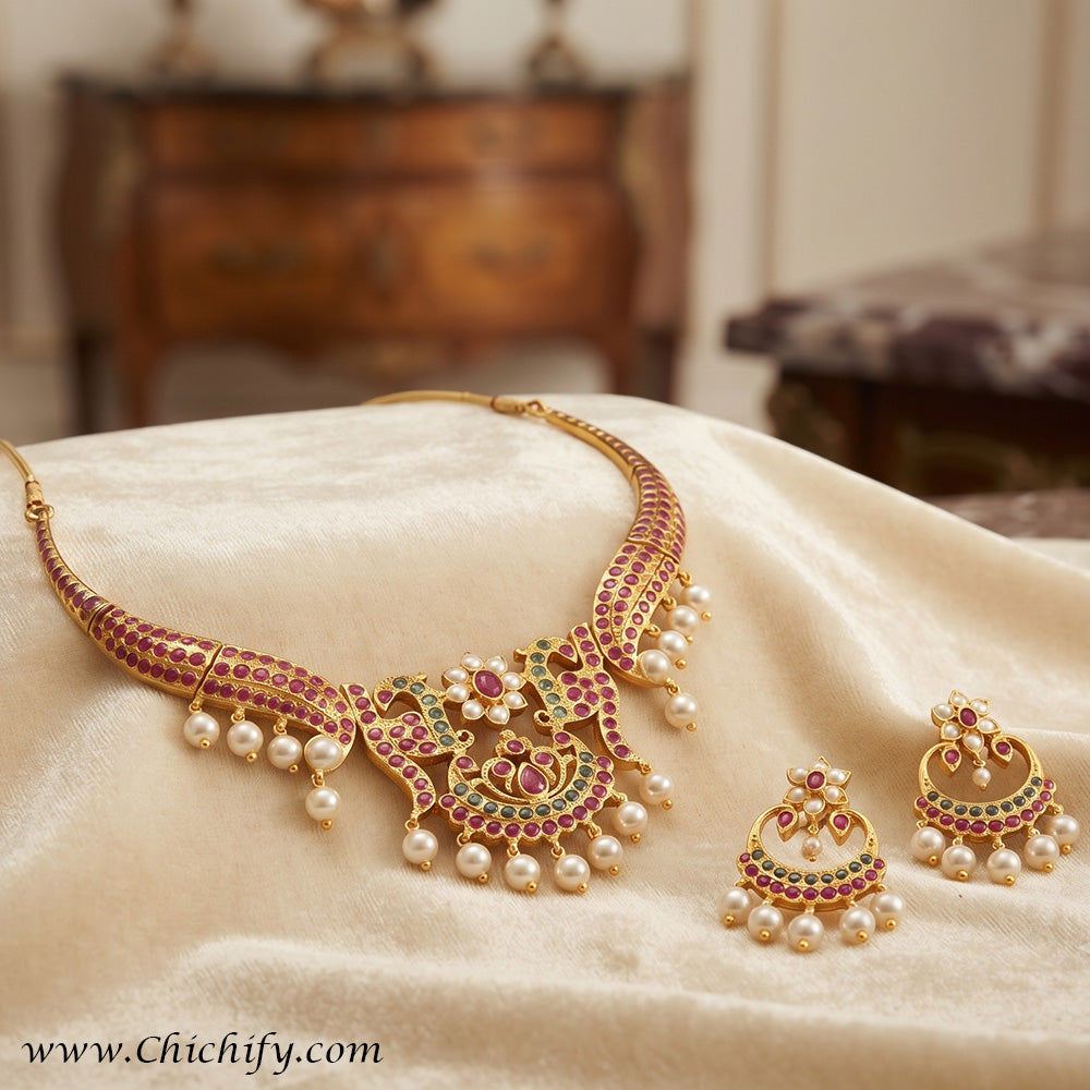 South Indian Ruby Kemp Stone Bridal Necklace Set