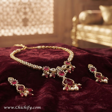 Ruby Red American Diamond Pearl Drop Necklace Set