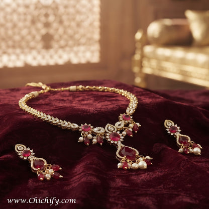 Ruby Red American Diamond Pearl Drop Necklace Set