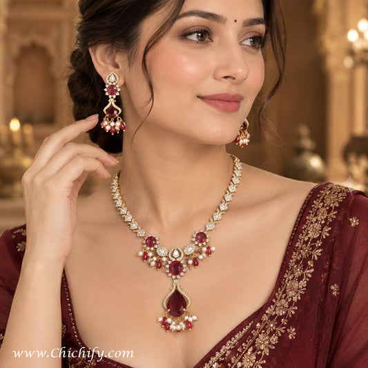 Ruby Red American Diamond Pearl Drop Necklace Set