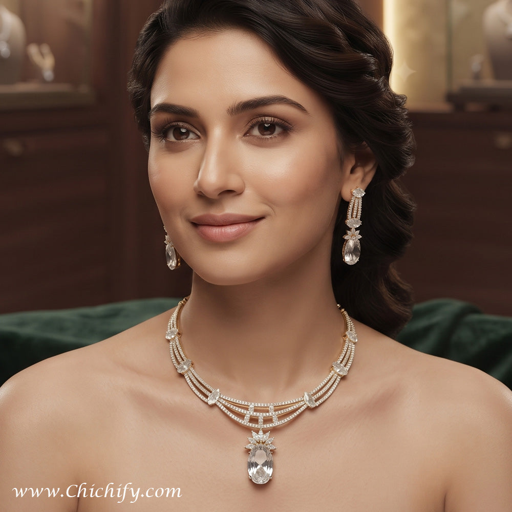 Golden Radiance American Diamond Necklace Set