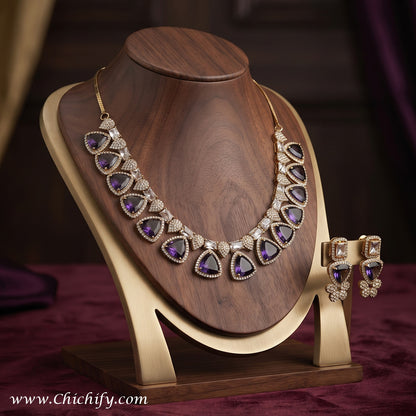 Midnight Blue American Diamond Teardrop Necklace Set