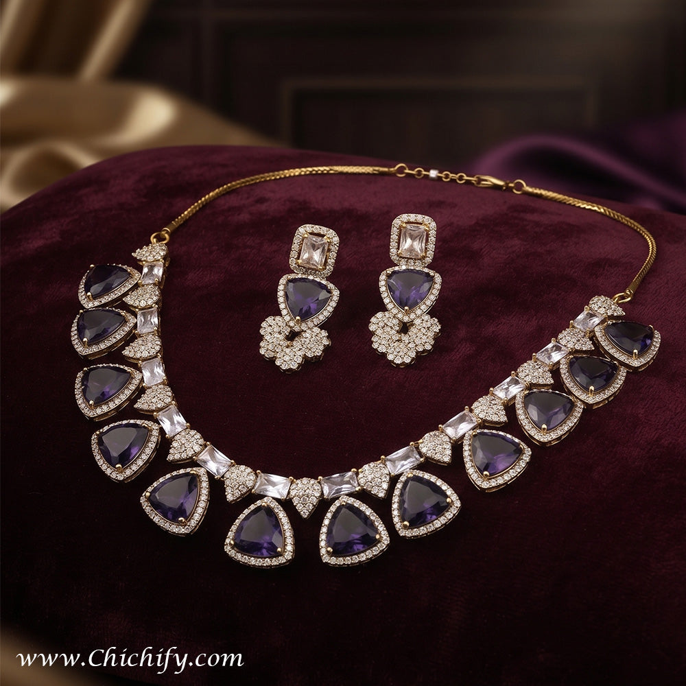 Midnight Blue American Diamond Teardrop Necklace Set