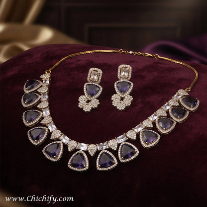 Midnight Blue American Diamond Teardrop Necklace Set