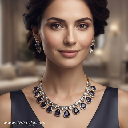 Midnight Blue American Diamond Teardrop Necklace Set